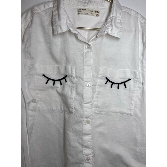 Zara Girls White Long Sleeve Button Down Shirt Eyelashes Size 13/14 - Picture 2 of 10